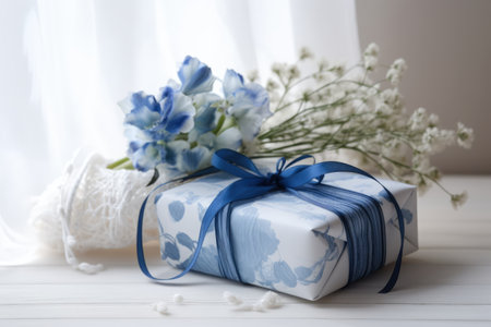 Close up of white and blue gift with ribbon and flowers, created using generative ai technology. Gift, present, giving and celebration concept digitally generated image.の素材