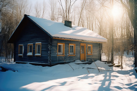 Log cabin in snow in nature, created using generative ai technology. Log cabin, vacation and nature concept digitally generated image.の素材
