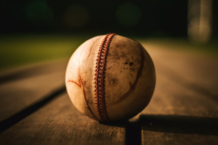 Close up of cricket ball on wooden surface, created using generative ai technology. Cricket, sport and competition concept digitally generated image.の素材