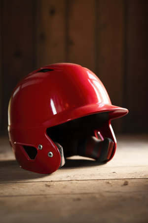 Close up of red baseball helmet on wooden surface, created using generative ai technology. Baseball, sports and competition concept digitally generated image.の素材