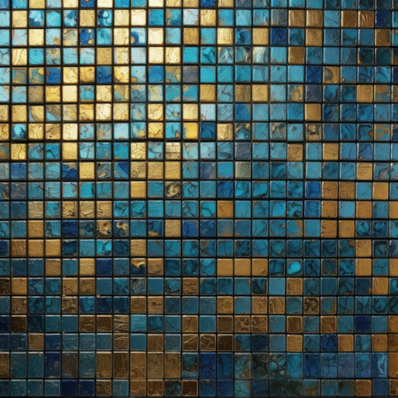 Close up of multi coloured mosaic background, created using generative ai technology. Mosaic, tiles, pattern, colours and background concept digitally generated image.の素材
