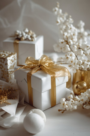 Close up of white gifts with ribbon on white background, created using generative ai technology. Gift, present, giving and celebration concept digitally generated image.の素材