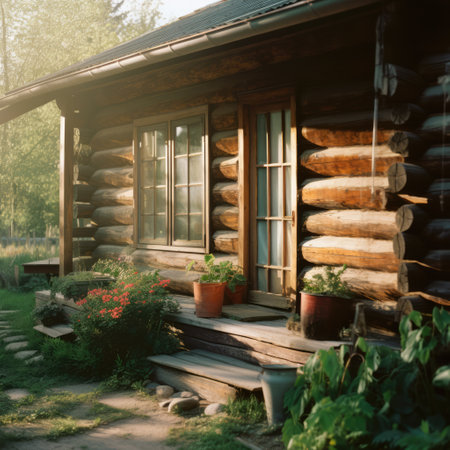 Log cabin with green roof in nature, created using generative ai technology. Log cabin, vacation and nature concept digitally generated image.の素材