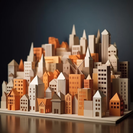 Origami cityscape on dark background, created using generative ai technology. Cityscape, origami art and architecture concept digitally generated image.の素材