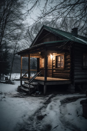 Log cabin with light and green roof in snow in nature, created using generative ai technology. Log cabin, vacation and nature concept digitally generated image.の素材