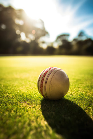 Close up of cricket ball on grass, created using generative ai technology. Cricket, sport and competition concept digitally generated image.の素材