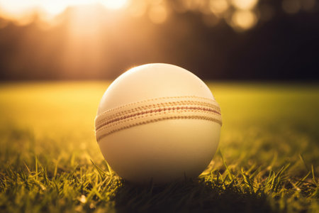 Close up of cricket ball on grass, created using generative ai technology. Cricket, sport and competition concept digitally generated image.の素材
