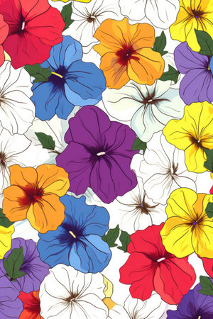 Multi coloured flowers on white background, created using generative ai technology. Flowers, nature, pattern, colours and background concept digitally generated image.の素材