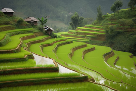 General view of rice field with houses, created using generative ai technology. Rice field, farming and landscape concept digitally generated image.の素材