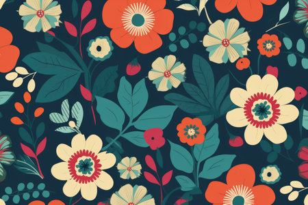 Multi coloured flowers on green background, created using generative ai technology. Flowers, nature, pattern, colours and background concept digitally generated image.の素材