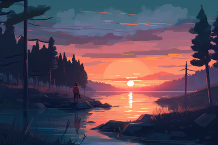 General view of landscape at sunset in pastel colours, created using generative ai technology. Colour and scenic background concept digitally generated image.の素材
