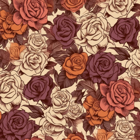 Multi coloured flowers on cream background, created using generative ai technology. Flowers, nature, pattern, colours and background concept digitally generated image.の素材