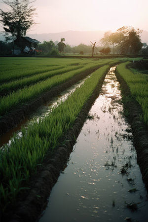 General view of rice fields, created using generative ai technology. Rice fields, farming and nature concept digitally generated image.の素材