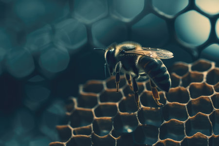 Close up of bee on black honeycomb created using generative ai technology. Nature, animals and insects concept digitally generated image.の素材