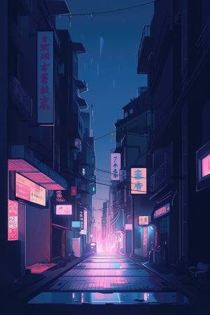 General view of cityscape at night in pastel colours, created using generative ai technology. Colour and cityscape background concept digitally generated image.の素材