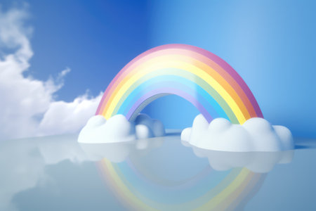 Colorful rainbow with white clouds on blue background created using generative ai technology. Rainbow and colours concept digitally generated image.の素材