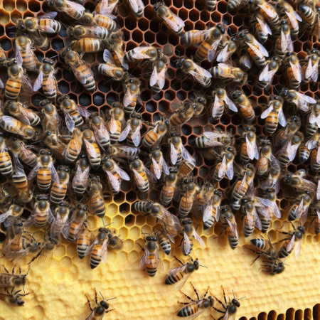 Close up of multiple bees on honeycomb created using generative ai technology. Nature, animals and insects concept digitally generated image.の素材