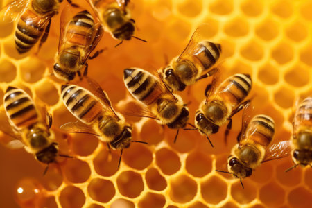 Close up of multiple bees on honeycomb created using generative ai technology. Nature, animals and insects concept digitally generated image.の素材