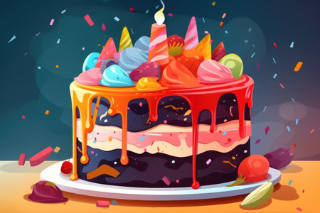 Birthday cake with lit candle on blue background, created using generative ai technology. Birthday, party and celebration concept digitally generated image.の素材