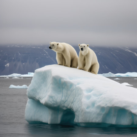 Two polarbears standing on iceberg at sea created using generative ai technology. Nature and animals concept digitally generated image.の素材