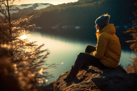 Caucasian female hiker sitting on rock and looking at lake created using generative ai technology. Nature, mountains and hiking concept digitally generated image.の素材