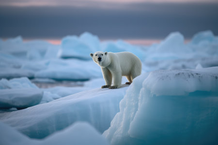 Polarbear standing on iceberg at sea created using generative ai technology. Nature and animals concept digitally generated image.の素材