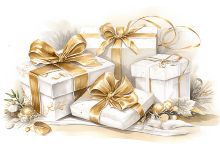 Close up of white gifts with ribbon on white background, created using generative ai technology. Gift, present, giving and celebration concept digitally generated image.の素材