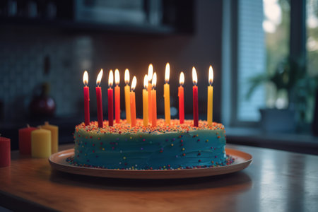 Birthday cake with lit candles on table, created using generative ai technology. Birthday, party and celebration concept digitally generated image.の素材