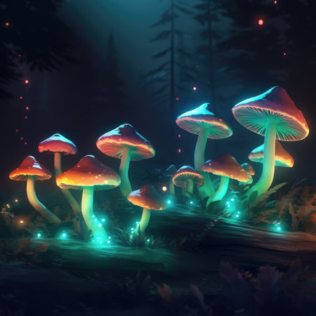 Close up of glowing mushrooms in forest created using generative ai technology. Mushrooms, magic and colours concept digitally generated image.の素材