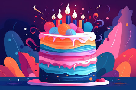 Birthday cake with lit candles on patterned background, created using generative ai technology. Birthday, party and celebration concept digitally generated image.の素材