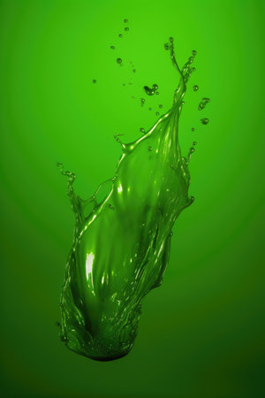 Close up of green liquid splashing on green background created using generative ai technology. Liquid and colour concept digitally generated image.の素材