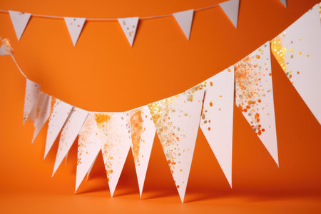 Strings of bunting on orange background, created using generative ai technology. Birthday, party and celebration concept digitally generated image.の素材