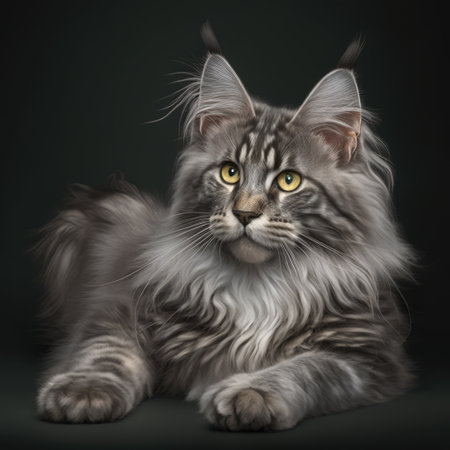 Close up of grey maine coon cat on black background created using generative ai technology. Animals and nature concept digitally generated image.の素材