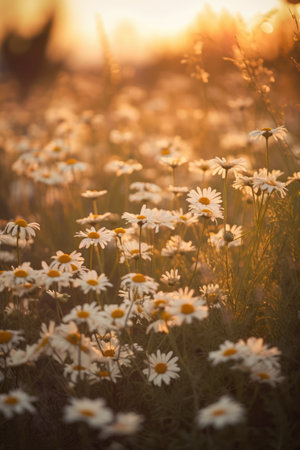 Close up of meadow with multiple white daisies and sunlight created using generative ai technology. Flowers, nature and harmony concept digitally generated image.の素材