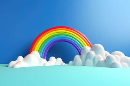 Colorful rainbow with white clouds on blue background created using generative ai technology. Rainbow and colours concept digitally generated image.の素材