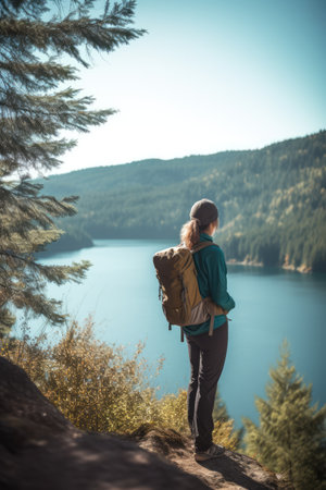 Caucasian female hiker standing on rock and looking at lake created using generative ai technology. Nature, mountains and hiking concept digitally generated image.の素材