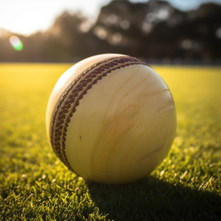 Close up of cricket ball in grass field, created using generative ai technology. Cricket, sports and competition concept digitally generated image.の素材