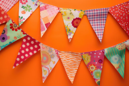 Strings of bunting on orange background, created using generative ai technology. Birthday, party and celebration concept digitally generated image.の素材