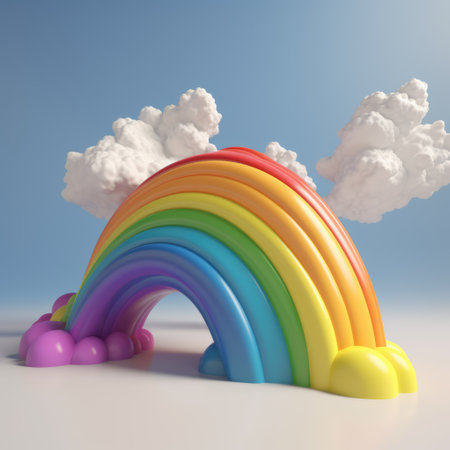 Colorful rainbow with white clouds on blue background created using generative ai technology. Rainbow and colours concept digitally generated image.の素材