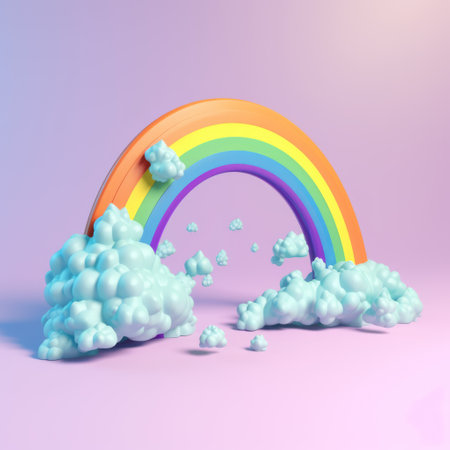Colorful rainbow with white clouds on purple background created using generative ai technology. Rainbow and colours concept digitally generated image.の素材
