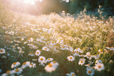 Close up of meadow with multiple white daisies and sunlight created using generative ai technology. Flowers, nature and harmony concept digitally generated image.の素材