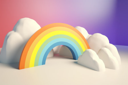 Colorful rainbow with white clouds on colorful background created using generative ai technology. Rainbow and colours concept digitally generated image.の素材