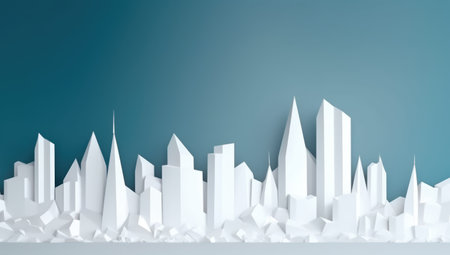 Origami cityscape on blue background, created using generative ai technology. Cityscape, origami art and architecture concept digitally generated image.の素材