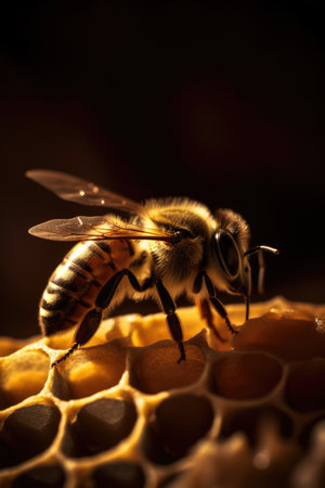 Close up of bee on honeycomb on black background created using generative ai technology. Nature, animals and insects concept digitally generated image.の素材