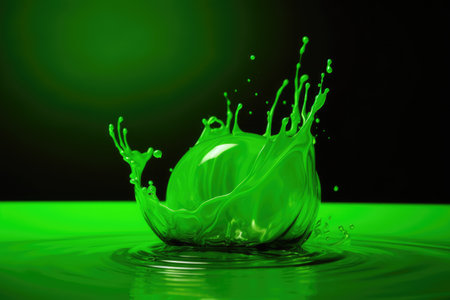 Close up of green liquid splashing on black background created using generative ai technology. Liquid and colour concept digitally generated image.の素材