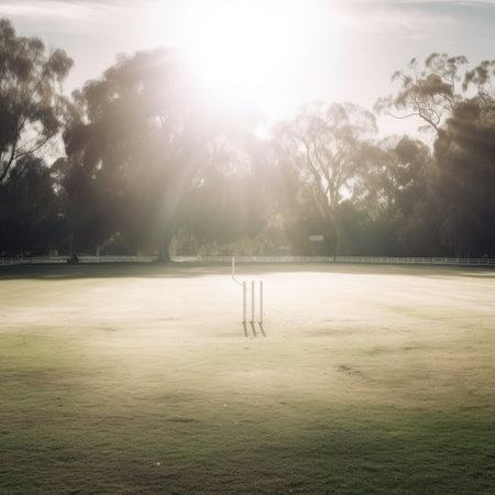 Cricket field with sun rays and trees, created using generative ai technology. Cricket, sport and competition concept digitally generated image.の素材