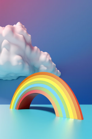 Colorful rainbow with white clouds on blue background created using generative ai technology. Rainbow and colours concept digitally generated image.の素材