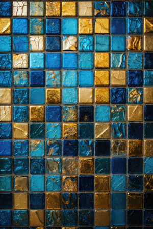 Close up of multi coloured mosaic background, created using generative ai technology. Mosaic, tiles, pattern, colours and background concept digitally generated image.の素材