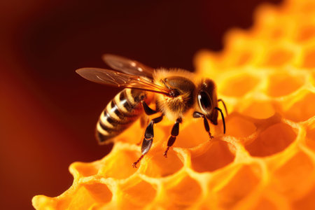 Close up of bee on honeycomb on black background created using generative ai technology. Nature, animals and insects concept digitally generated image.の素材