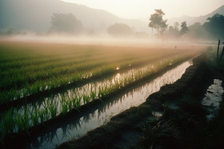 General view of rice fields with fog, created using generative ai technology. Rice fields, farming and nature concept digitally generated image.の素材